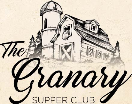 Illustration of a rustic barn and silo with trees in the background. The text reads, The Granary Supper Club, a classic Sherwood Restaurant, in decorative script and block letters. The image has a vintage, hand-drawn style on a tan background.