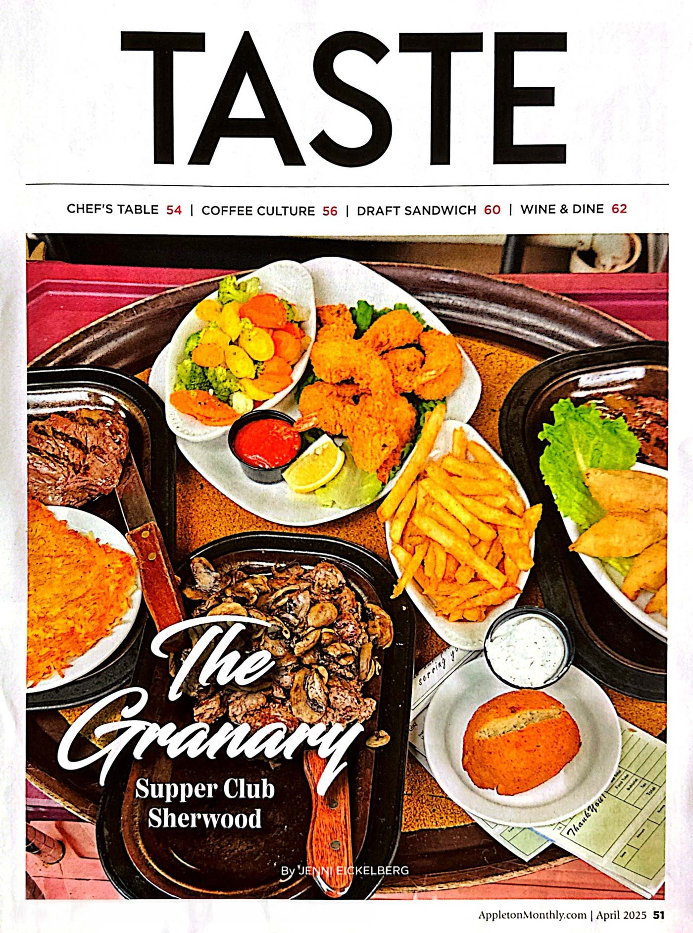 A magazine page featuring trays of supper club food—fried shrimp, steak, mushrooms, mashed potatoes, and coleslaw—from The Granary Supper Club. Text reads: Taste - The Granary Supper Club Sherwood Bar. Enjoy the best food in town!.