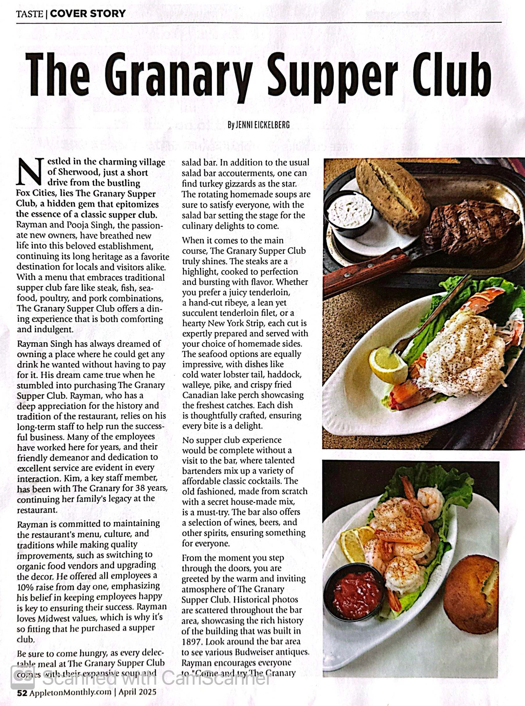 A magazine page features an article titled The Granary Supper Club, highlighting the Best Food with photos of shrimp cocktail, bread with butter, and a plated entrée of fish, vegetables, and a lemon wedge beside the main text.